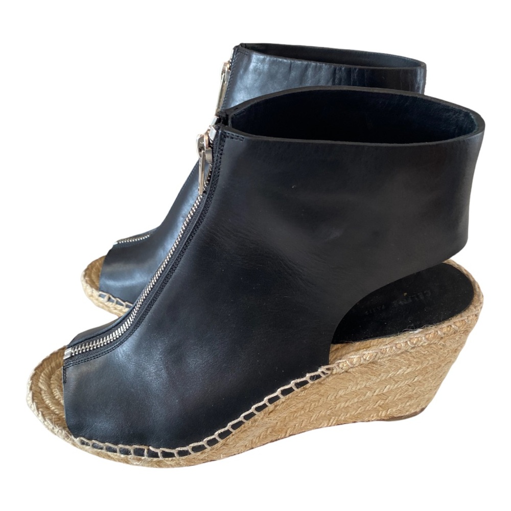Céline Black Leather Peep-toe Wedge Espadrille Heels Zipper Front Women’s 40